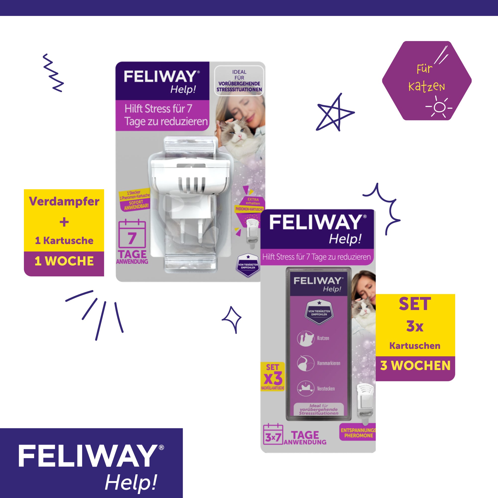 Feliway Help Start-Set enthält 1 Kartusche für 7 Tage. Das Vorteilspack enthält 3 Kartuschen für 3 Wochen.